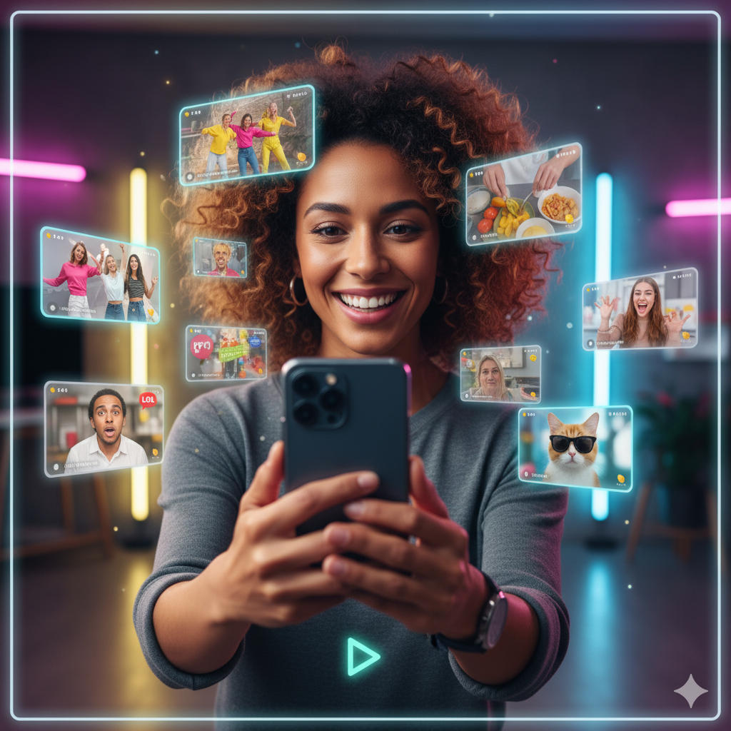 Ilustração digital vibrante com ícones do TikTok, Instagram e YouTube cercando um grande '20K' brilhante, em um fundo dinâmico e colorido com luzes de néon, transmitindo energia viral.