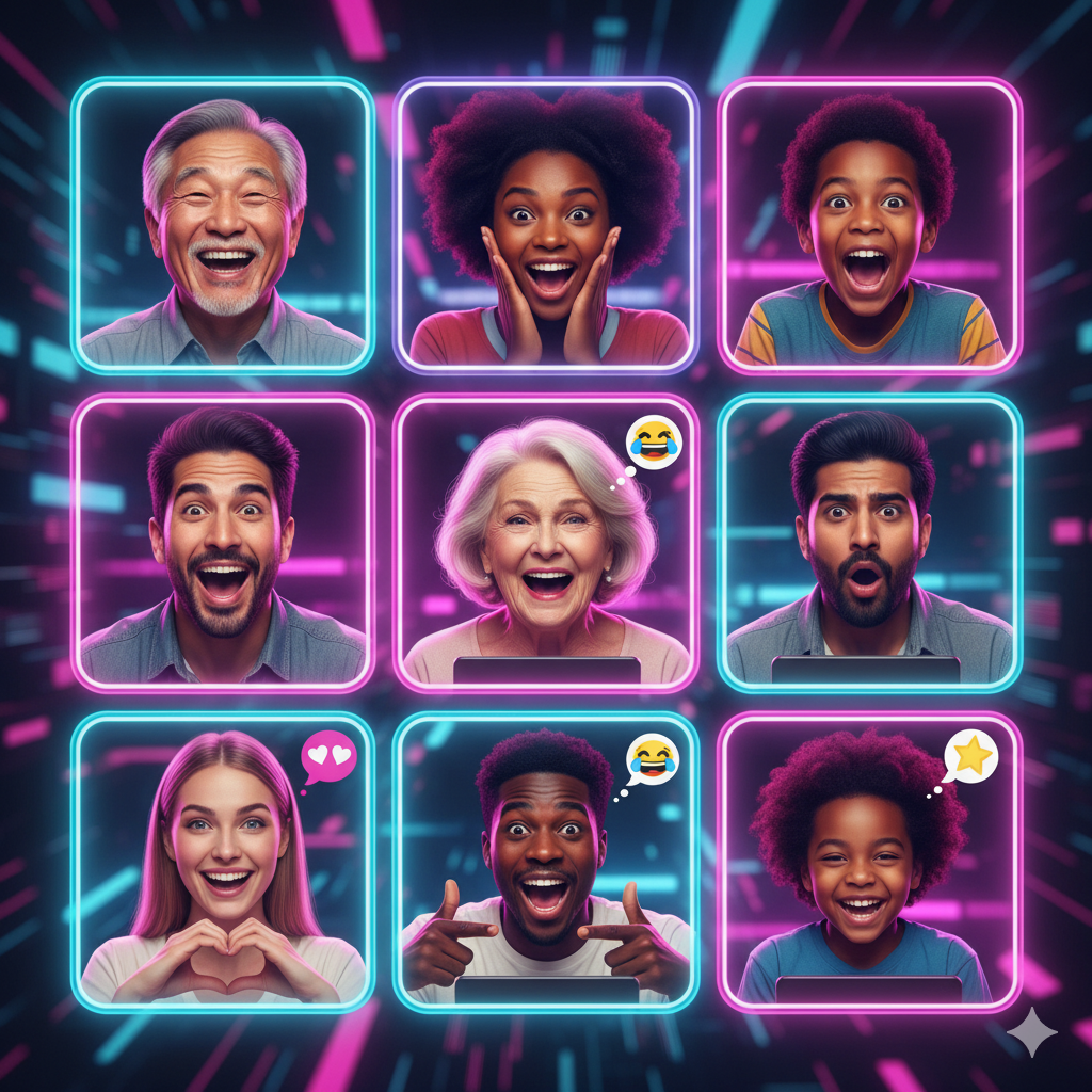 Pessoa sorrindo e se filmando com um smartphone, enquanto pequenas telas flutuam ao redor exibindo diversos vídeos virais, como danças e tutoriais, simbolizando criação de conteúdo.