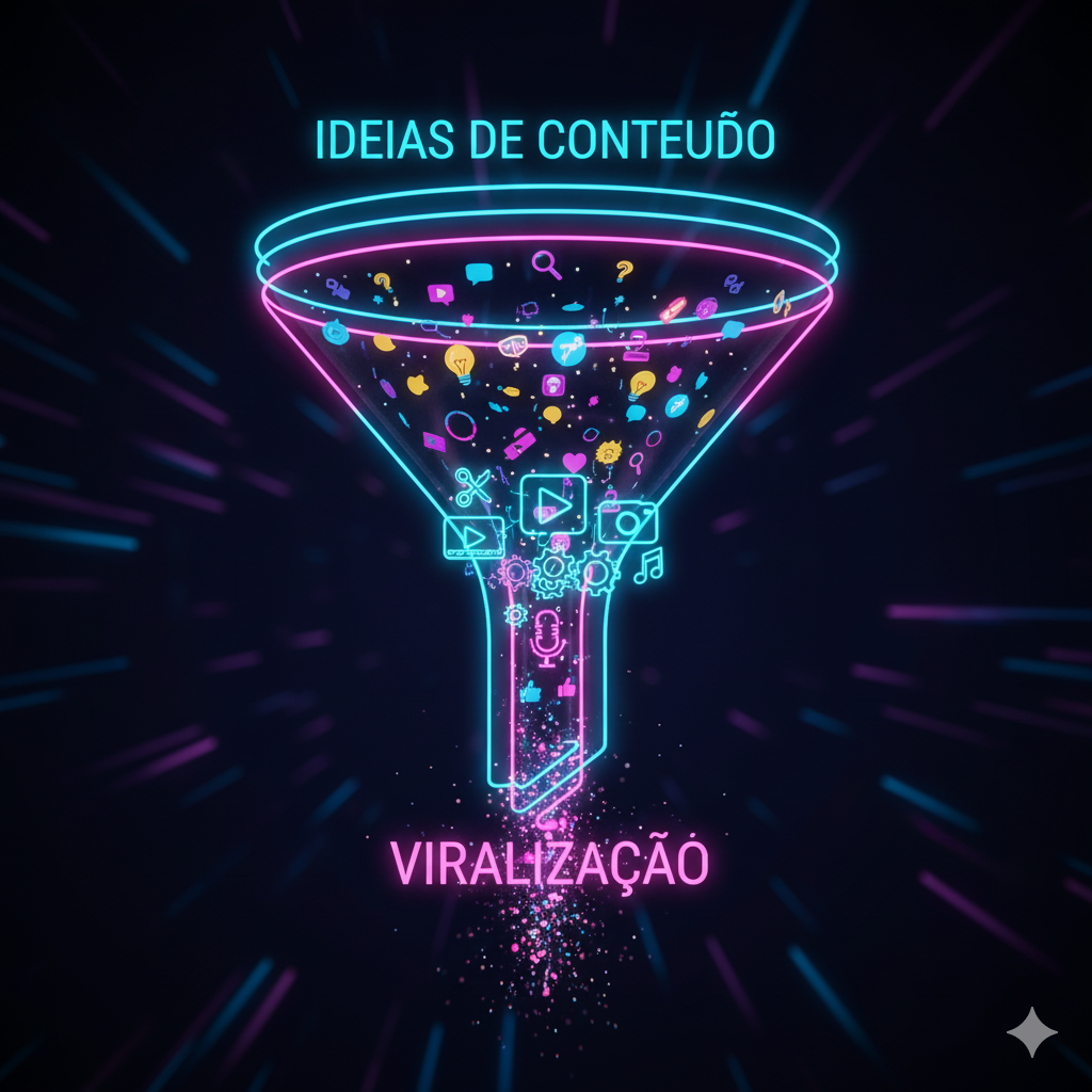 Painel de controle digital futurista exibindo gráficos de engajamento em ascensão, com botões luminosos como 'Visualizações' e 'Curtidas', e uma seta verde apontando para cima, representando sucesso viral.