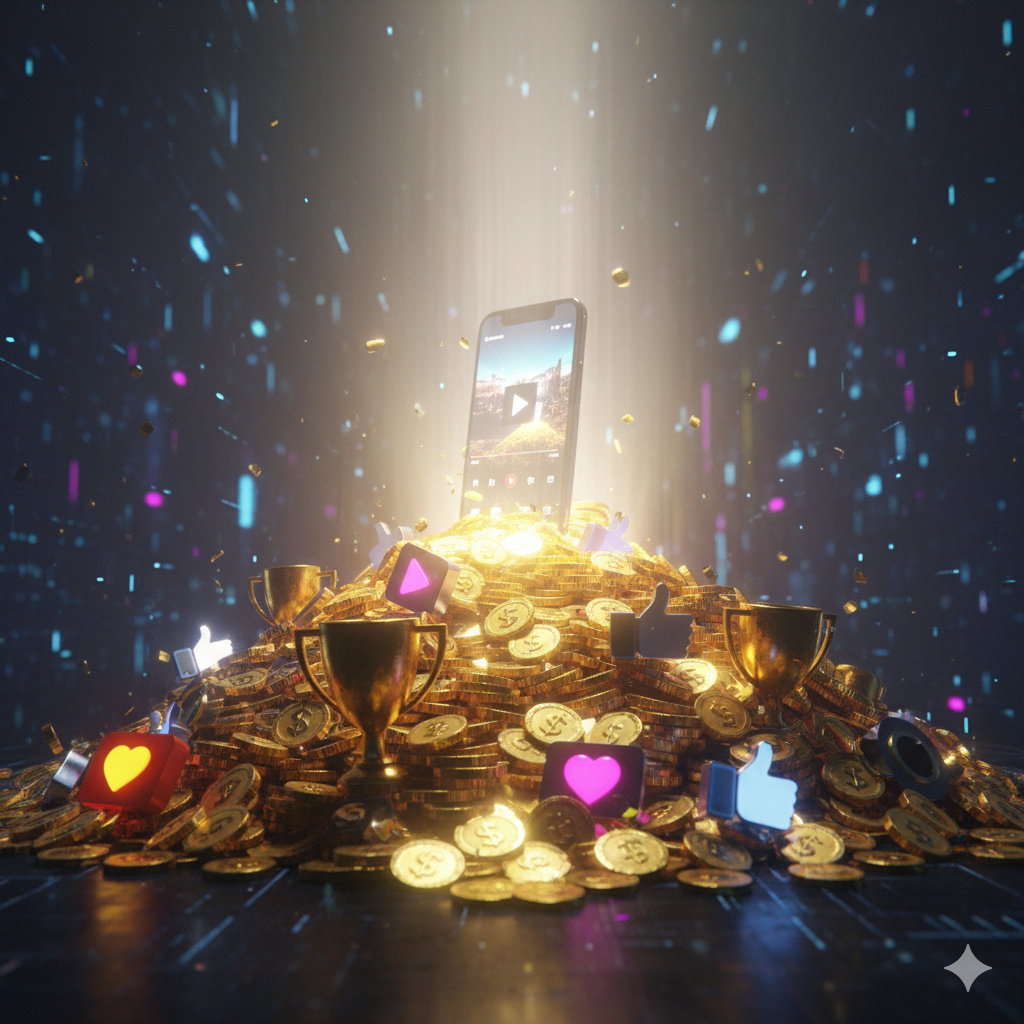 Grade de rostos diversos (crianças, adultos, idosos de várias etnias) expressando reações como surpresa, riso e admiração, com balões de fala contendo emojis, ilustrando o impacto de vídeos virais.