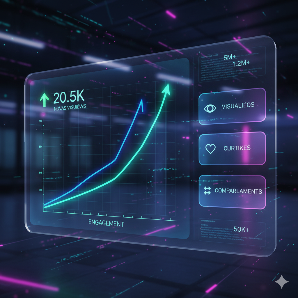 Funil estilizado que começa amplo com 'Ideias de Conteúdo' e se estreita para 'Viralização', com ícones de ferramentas de edição no meio, representando o processo de transformar ideias em conteúdo viral.