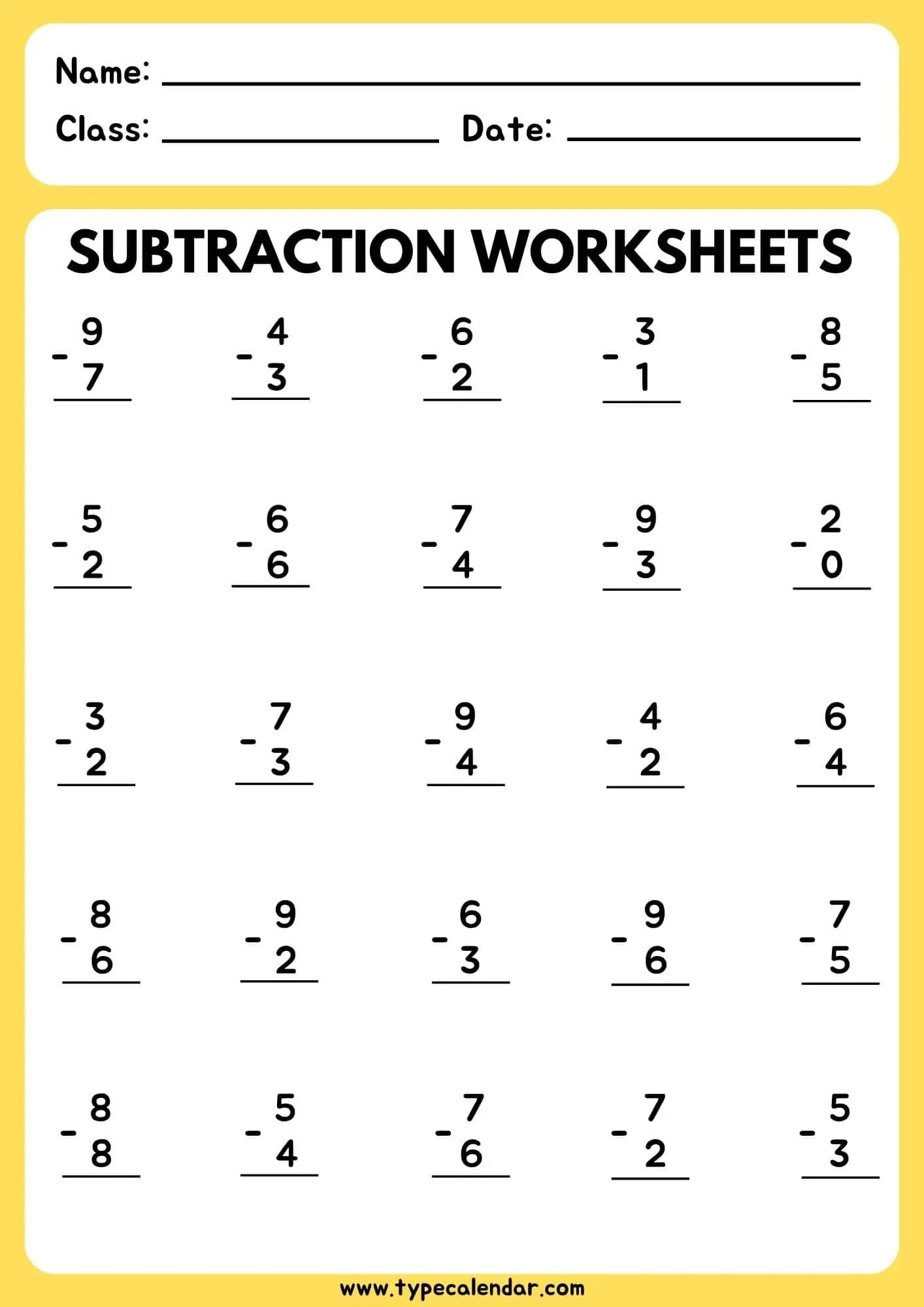 Atividade de Subtraction Worksheets For Kindergarten Pdf - Folha 1