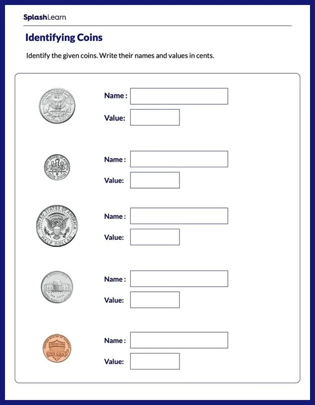 Atividade de Us Coins And Bills Recognition Printables - Folha 3